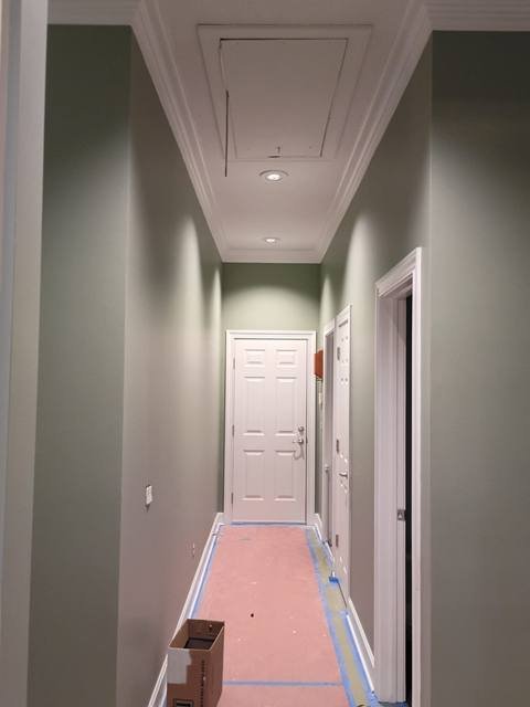Long hallway in sage green with white doors and trim